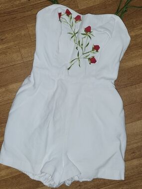 Vintage 1950s White Strap Romper with Red Floral Embroidery
